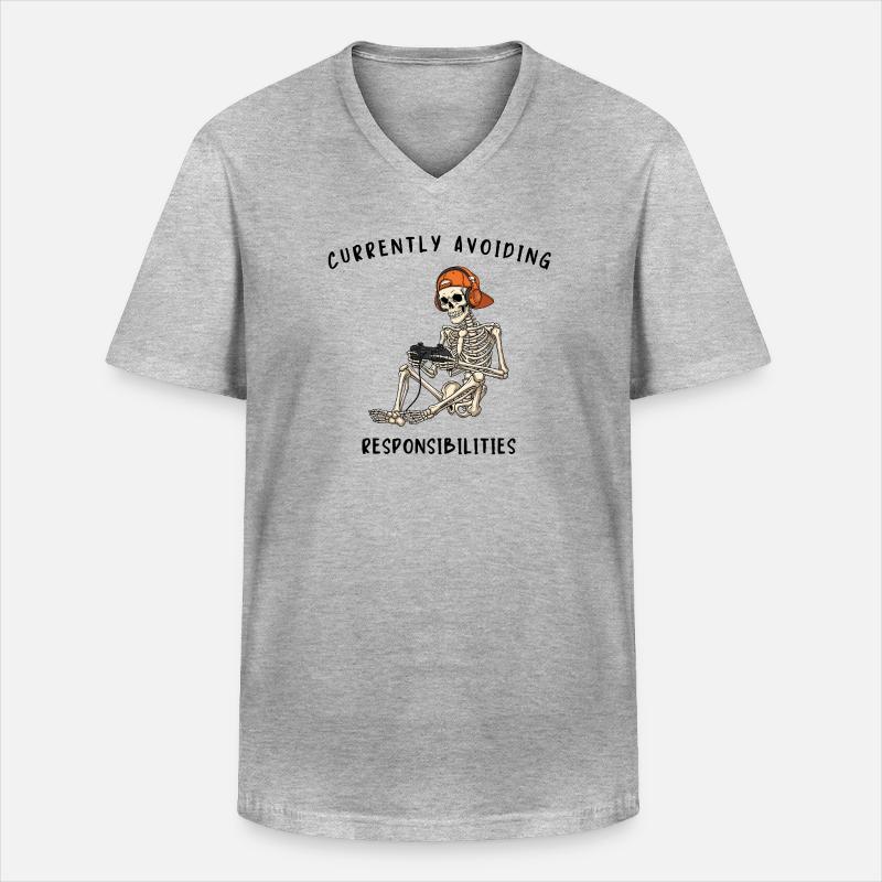 Skeleton Gaming Avoiding Responsibilities - Männer-T-Shirt mit V-Ausschnitt - Grau meliert