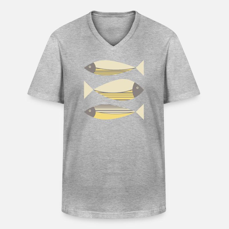 Illustrierter Grafikfisch Gelb-Grau - Männer-T-Shirt mit V-Ausschnitt - Grau meliert