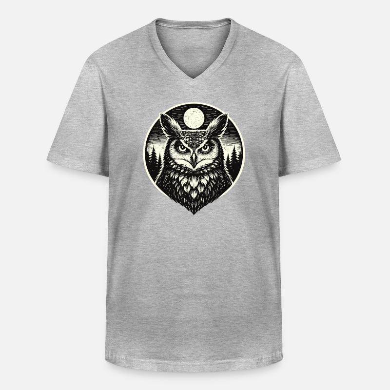 Silent Watch -  Eule im Woodcut Stil - Männer-T-Shirt mit V-Ausschnitt - Grau meliert
