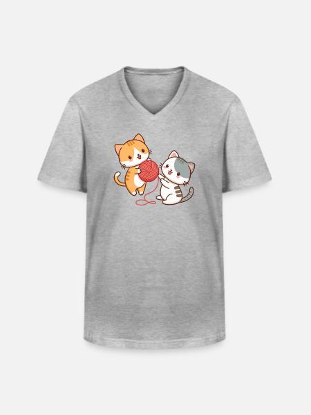 Kätzchen und Kawaii-Ball - Männer-T-Shirt mit V-Ausschnitt - Grau meliert