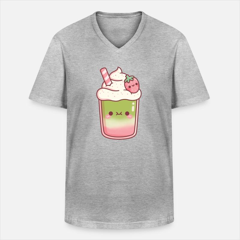 Süßer Eiskaffer Matcha Erdbeer-Latte - Männer-T-Shirt mit V-Ausschnitt - Grau meliert