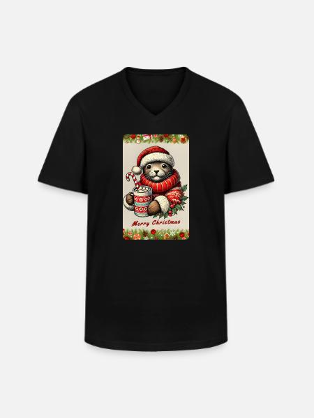 Christmas otter with hot chocolate - Men's V-Neck T-Shirt - black