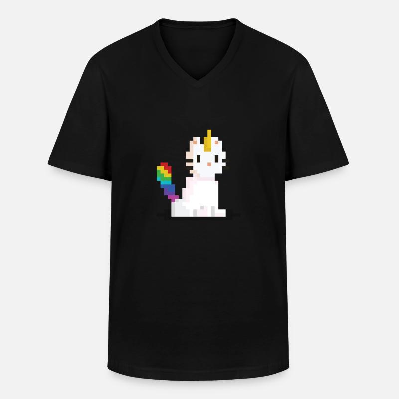 Pixel Einhorn Katze - Männer-T-Shirt mit V-Ausschnitt - Schwarz