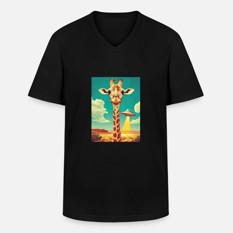 Retro Giraffe mit UFO - Männer-T-Shirt mit V-Ausschnitt - Schwarz