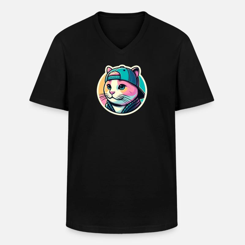 Katze mit Kappe in Pastell - Männer-T-Shirt mit V-Ausschnitt - Schwarz