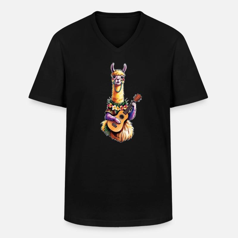 Lama spielt Ukulele - bunt - Männer-T-Shirt mit V-Ausschnitt - Schwarz