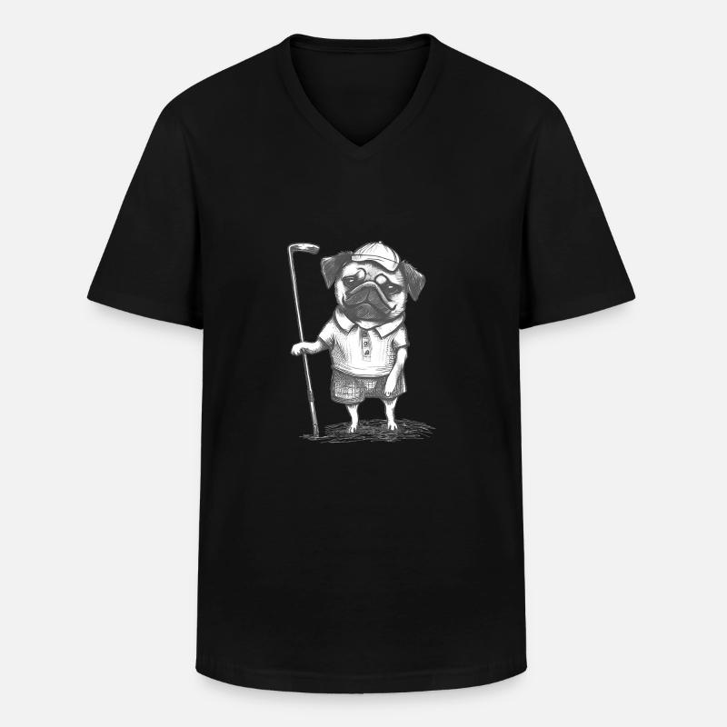 Mops Golfer Bleistiftzeichnung - Männer-T-Shirt mit V-Ausschnitt - Schwarz