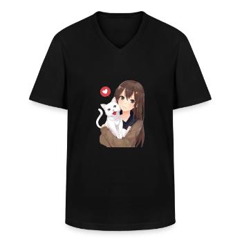 girl with cat - Männer-T-Shirt mit V-Ausschnitt - Schwarz - Vorne - AI Model Male 178 dark (178cm)