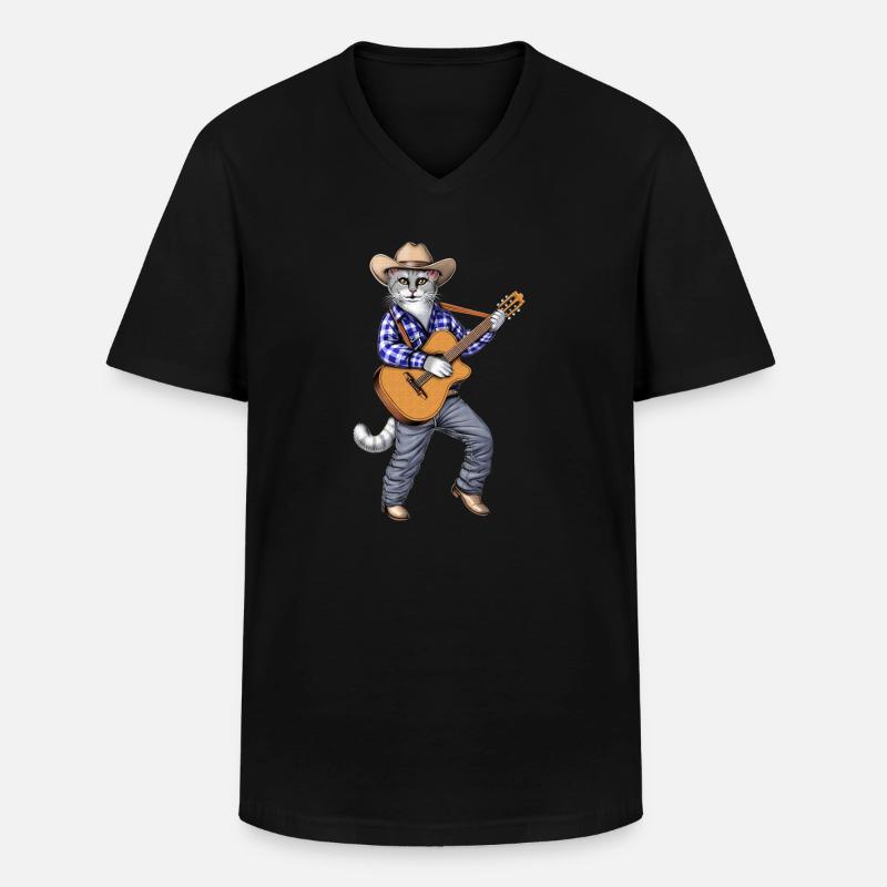 Cowboy Cat Gitarrist - Männer-T-Shirt mit V-Ausschnitt - Schwarz