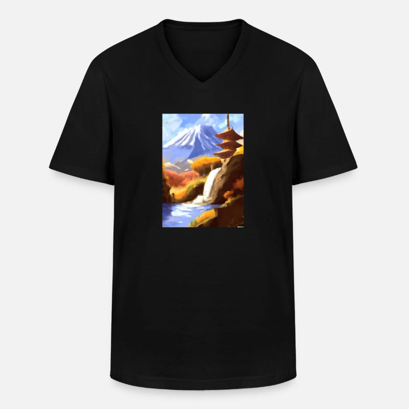 Japan Tower Wasserfall Gemälde - Männer-T-Shirt mit V-Ausschnitt - Schwarz