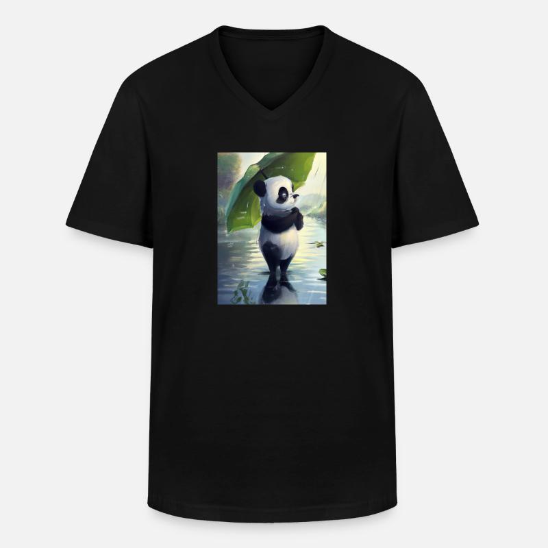 Panda mit Blattschirm - Männer-T-Shirt mit V-Ausschnitt - Schwarz
