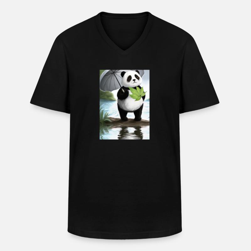 Panda mit Blattschirm - Männer-T-Shirt mit V-Ausschnitt - Schwarz