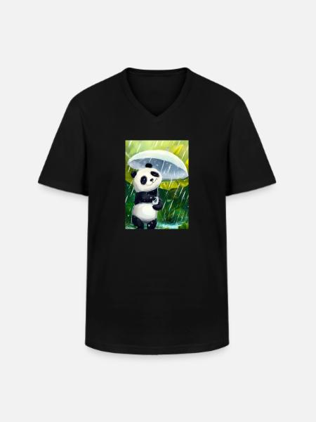Panda mit Blattschirm - Männer-T-Shirt mit V-Ausschnitt - Schwarz