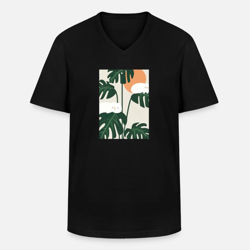 Katzen auf Leafs - Männer-T-Shirt mit V-Ausschnitt - Schwarz