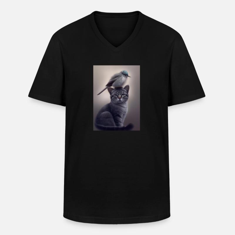 Vogel sitzt auf Katze - Männer-T-Shirt mit V-Ausschnitt - Schwarz