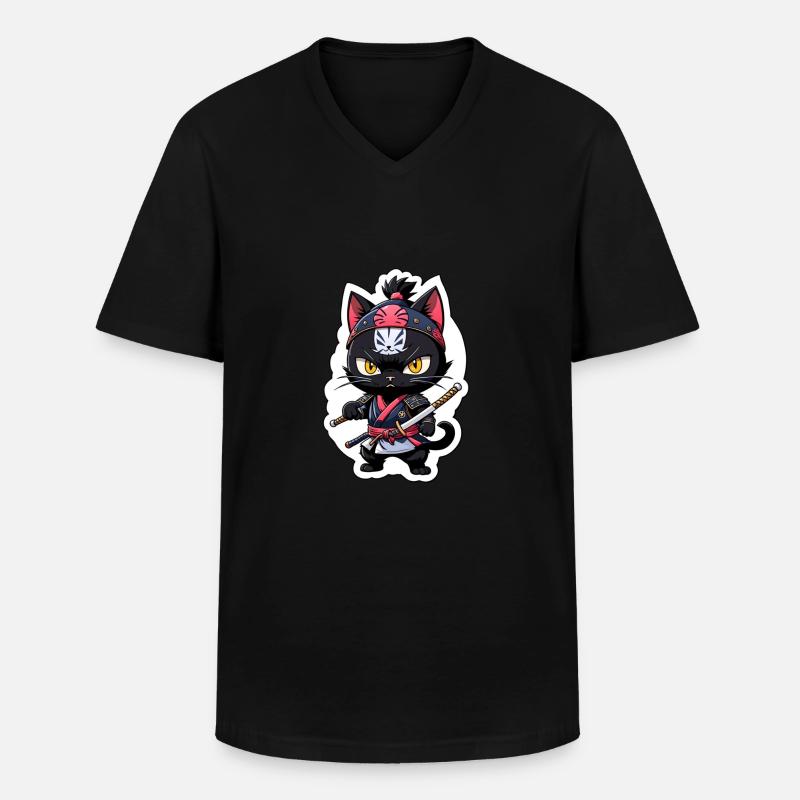 Ninja Katze - Samurai Kätzchen - Männer-T-Shirt mit V-Ausschnitt - Schwarz
