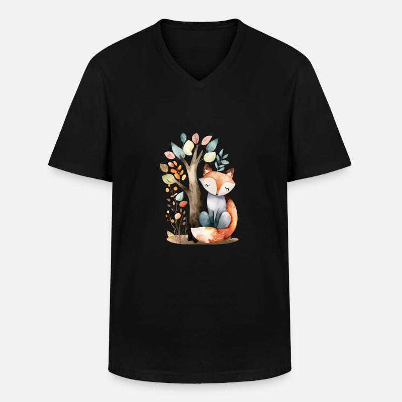Cute Fox Under Tree - Men's V-Neck T-Shirt - black