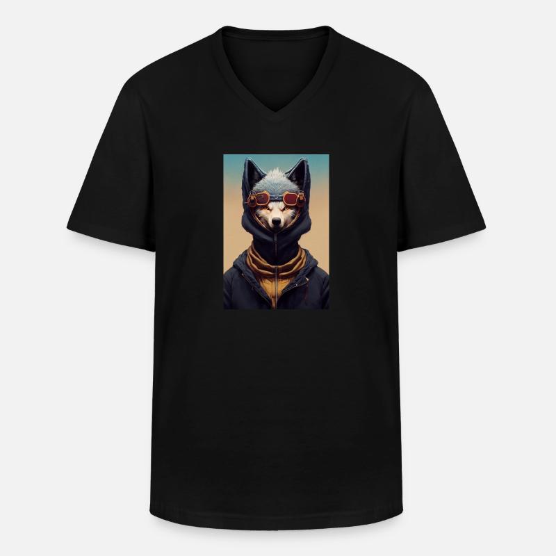 Wolf Punk Tech - Männer-T-Shirt mit V-Ausschnitt - Schwarz