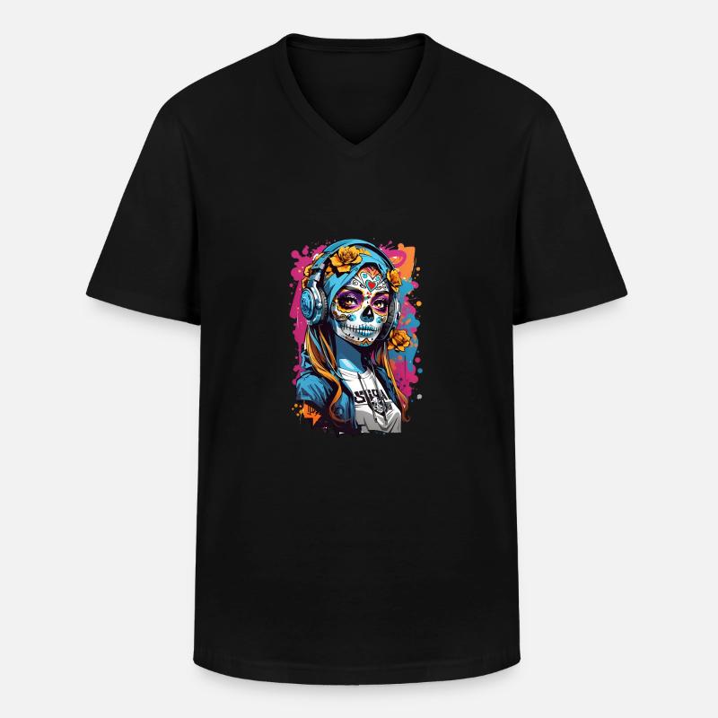 Totenkopfmädchen mit Kopfhörern - Männer-T-Shirt mit V-Ausschnitt - Schwarz