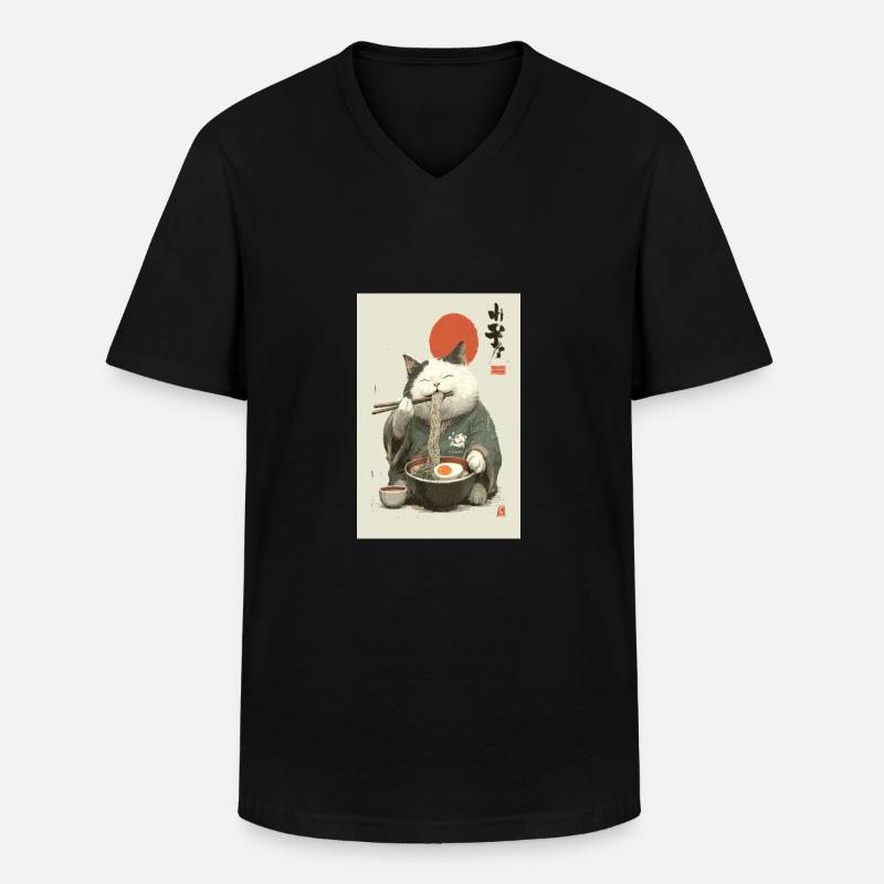 Samurai-Katze schlürft Ramen - Männer-T-Shirt mit V-Ausschnitt - Schwarz