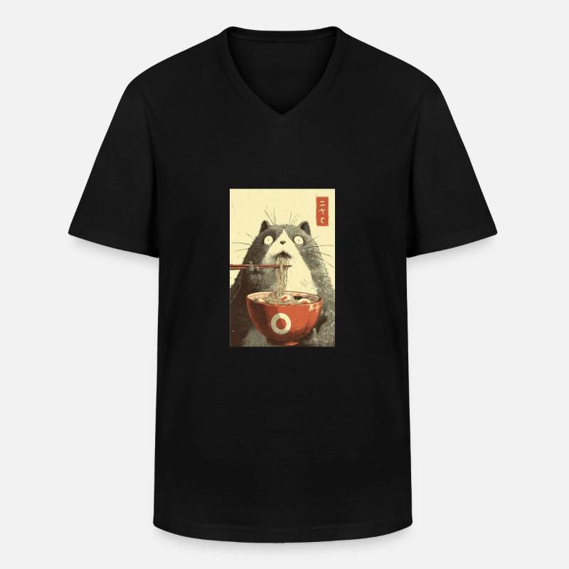 Schockierte Katze isst Ramen - Männer-T-Shirt mit V-Ausschnitt - Schwarz