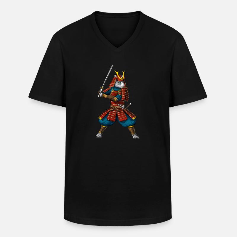 Katze Japanischer Samurai Ninja - Männer-T-Shirt mit V-Ausschnitt - Schwarz