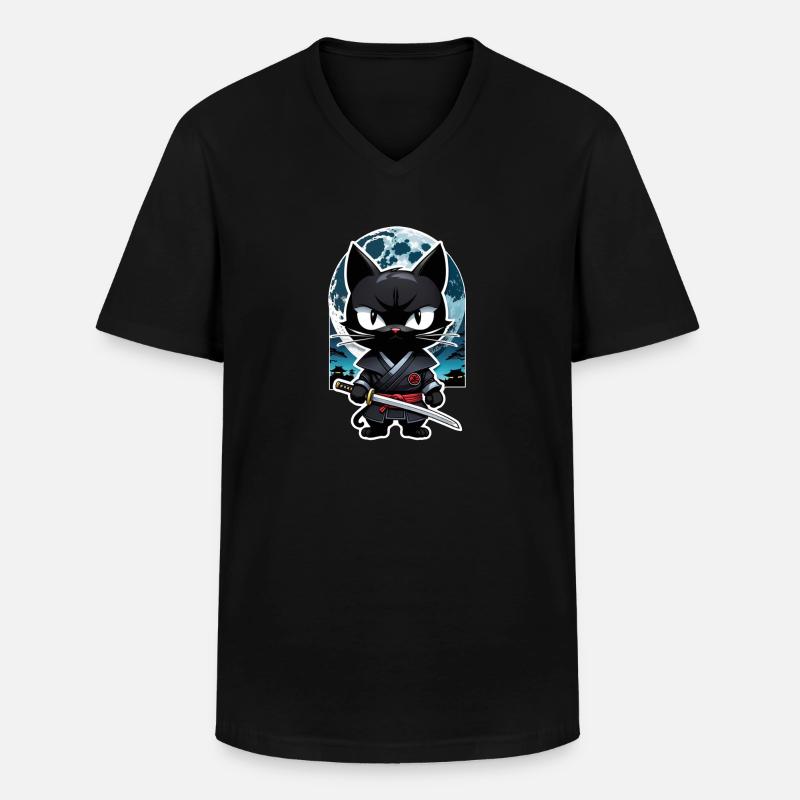 Ninja Katze - Samurai Kätzchen - Männer-T-Shirt mit V-Ausschnitt - Schwarz