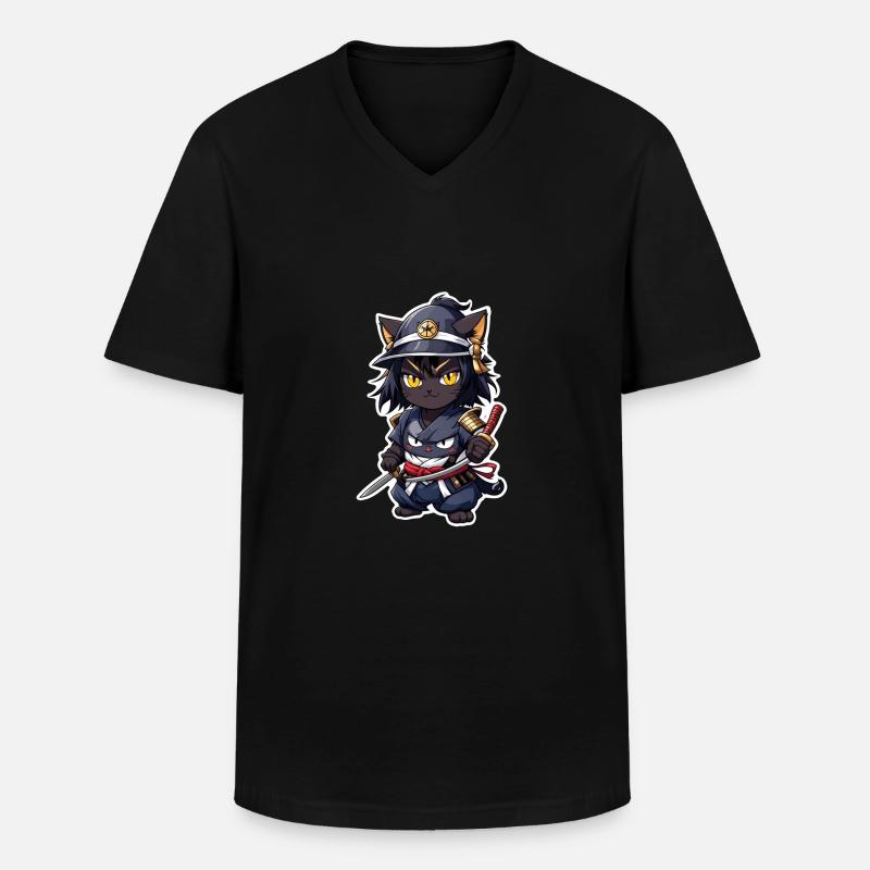 Ninja Katze - Samurai Kätzchen - Männer-T-Shirt mit V-Ausschnitt - Schwarz