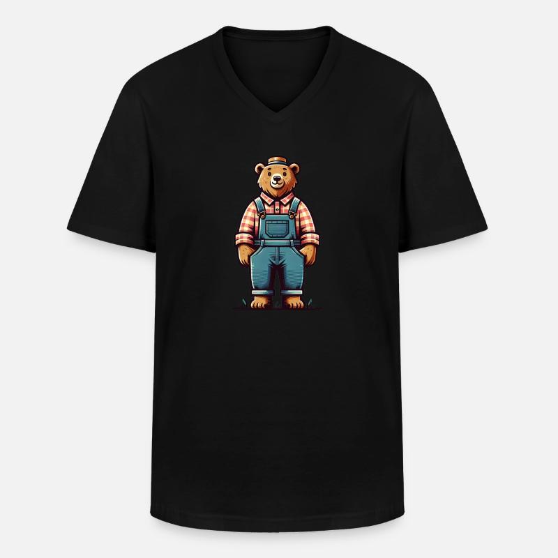 Cute Bear Farmer - Männer-T-Shirt mit V-Ausschnitt - Schwarz