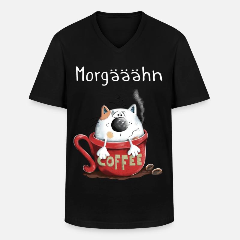 Morgähn Kaffee - Katze - Comic - Männer-T-Shirt mit V-Ausschnitt - Schwarz