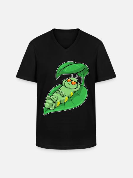 Caterpillar with leaf as parasol - Men's V-Neck T-Shirt - black