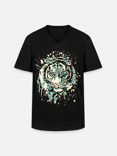 Tiger Cat - Vintage Grunge - Kattens øje Blå - Klassisk herre T-shirt med V-udskæring - sort