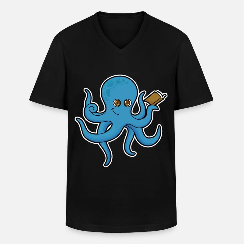 Krake mit Buch - Männer-T-Shirt mit V-Ausschnitt - Schwarz