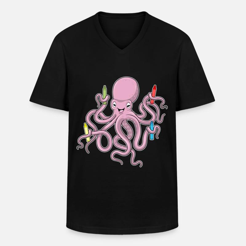 Krake mit Wachsmalstifte - Männer-T-Shirt mit V-Ausschnitt - Schwarz