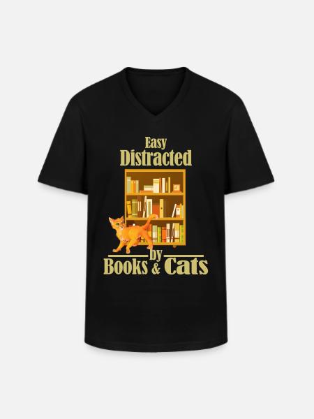 Easily distracted by books and cats - Men's V-Neck T-Shirt - black