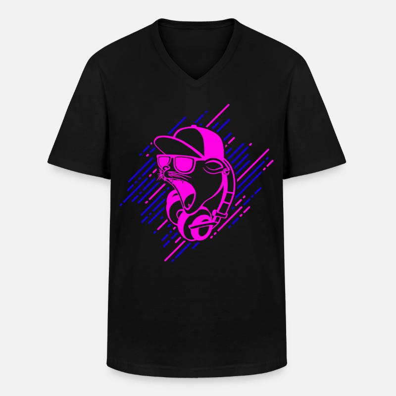 Coole Katze mit Kopfhörern - Männer-T-Shirt mit V-Ausschnitt - Schwarz