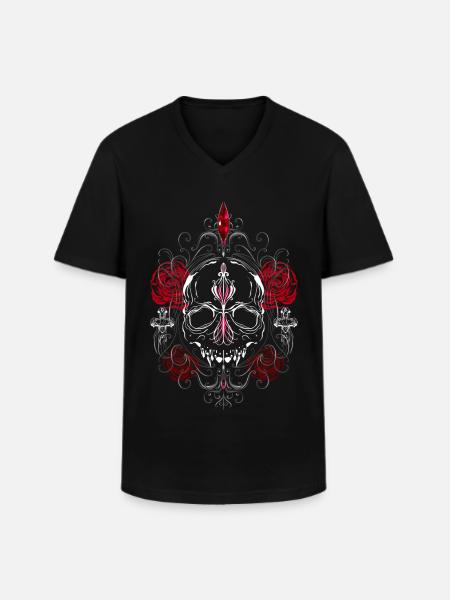 Skull with Red Roses Gothic Aesthetics - Men's V-Neck T-Shirt - black