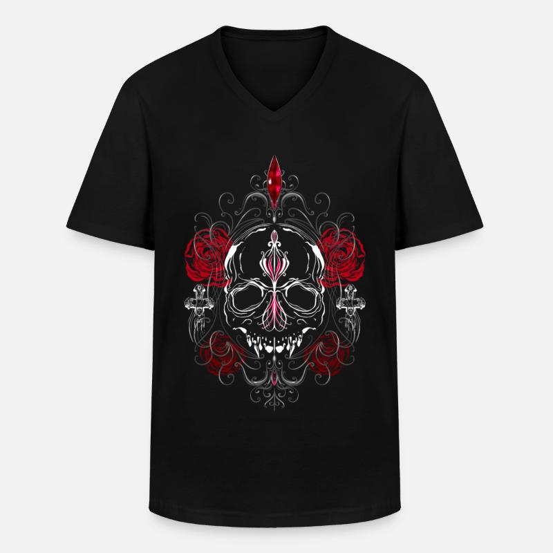 Skull with Red Roses Gothic Ästhetik - Männer-T-Shirt mit V-Ausschnitt - Schwarz