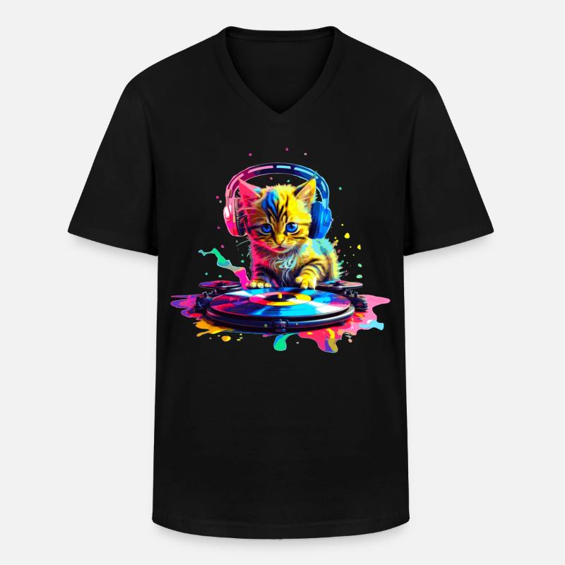 Kätzchen DJ - Regenbogen - Männer-T-Shirt mit V-Ausschnitt - Schwarz