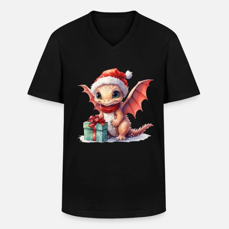 Weihnachtsdrache mit Geschenk - Männer-T-Shirt mit V-Ausschnitt - Schwarz