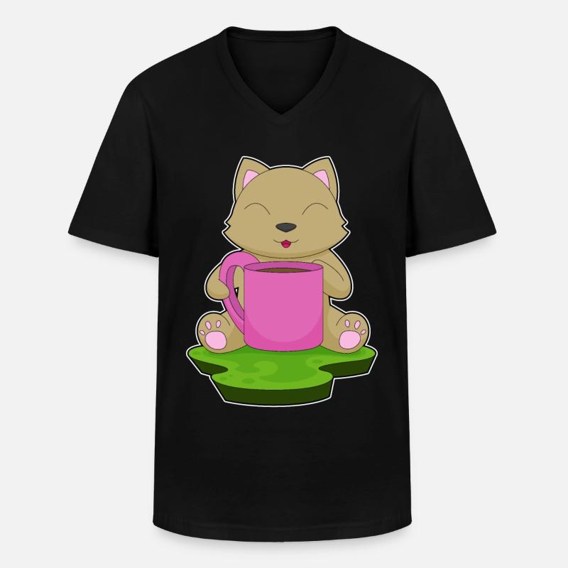 Katze Kaffee Becher - Männer-T-Shirt mit V-Ausschnitt - Schwarz