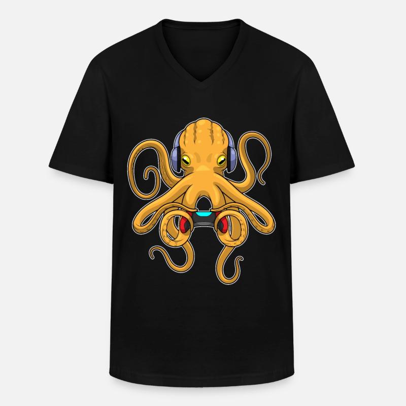 Krake Gamer Controller - Männer-T-Shirt mit V-Ausschnitt - Schwarz