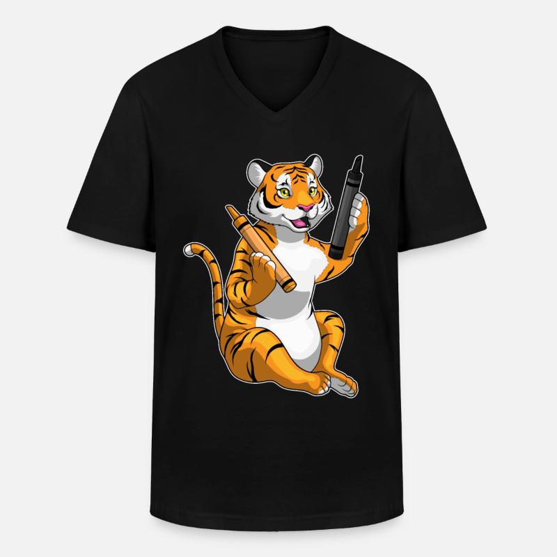 Tiger Schüler Buntstift Schule - Männer-T-Shirt mit V-Ausschnitt - Schwarz