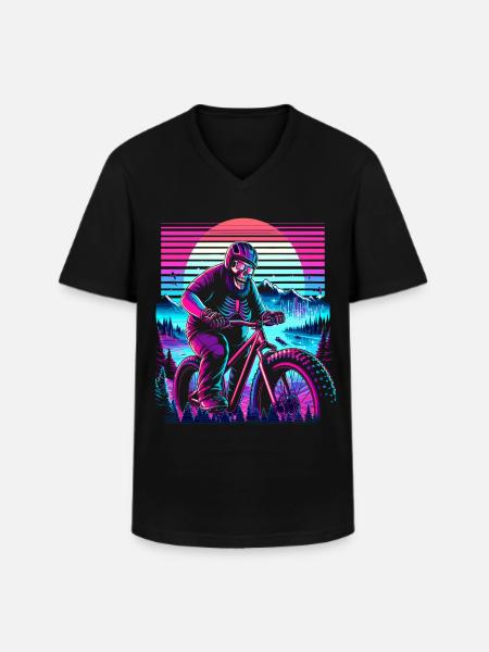 Synthwave Skeleton Biker Fatbike Retro Sunset - Men's V-Neck T-Shirt - black
