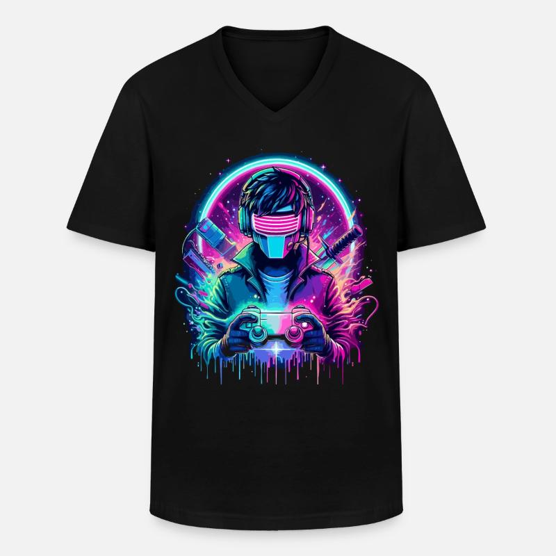 Neon Cyber Controller - Retro Gaming Power - Männer-T-Shirt mit V-Ausschnitt - Schwarz