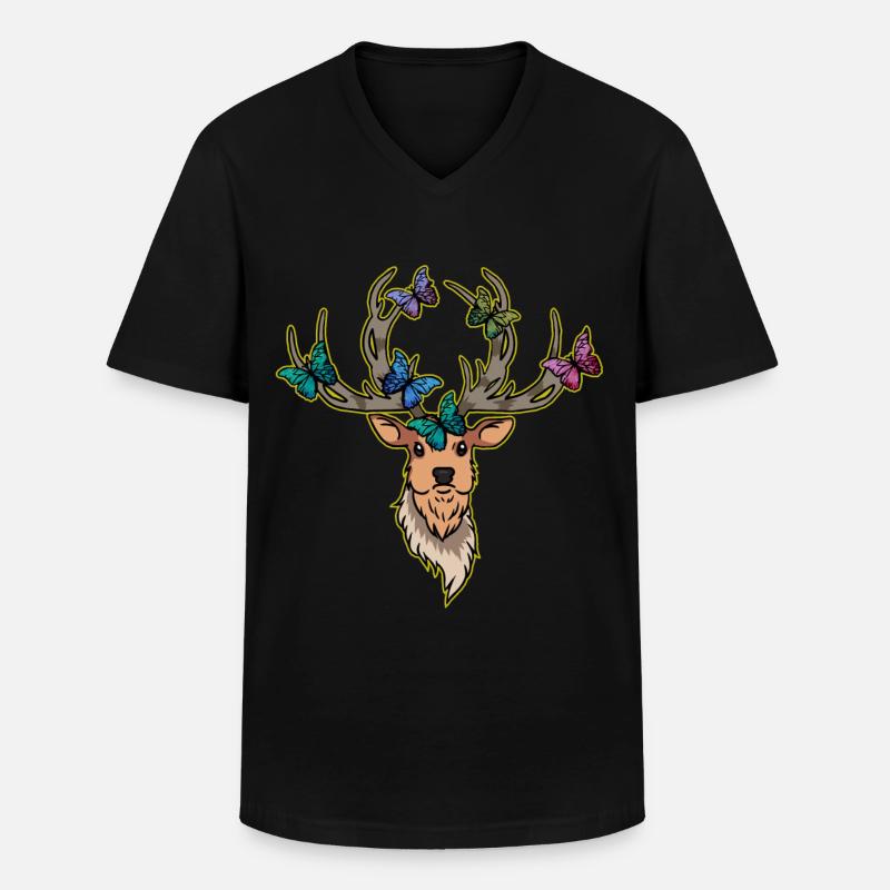 Hirsch Schmetterlinge Hirschkopf Frühling - Männer-T-Shirt mit V-Ausschnitt - Schwarz