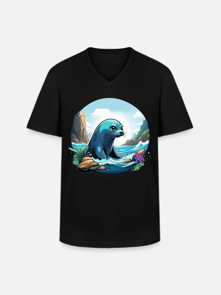 Seal on the coast - Men's V-Neck T-Shirt - black