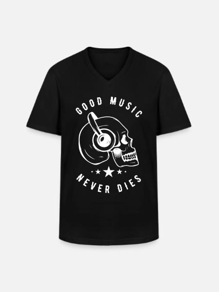 Skull with Headphones Music Never Dies - Men's V-Neck T-Shirt - black