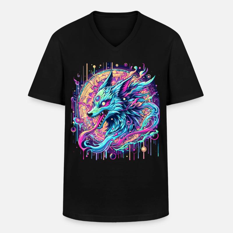 Psychedelische Fuchs Kopf Goa Kunst - Männer-T-Shirt mit V-Ausschnitt - Schwarz
