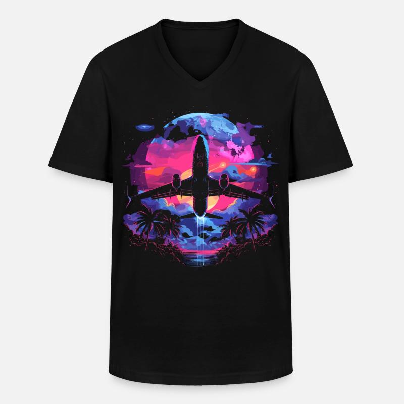Retro Flugzeug Retrowave - Männer-T-Shirt mit V-Ausschnitt - Schwarz